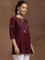 Wine Woven Design Rayon A-Line Kurti - Image 2