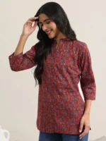 Maroon Printed Cotton Straight Short Kurti - Image 2