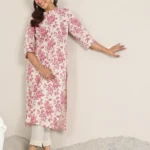 Pink Printed Cotton Straight Kurta