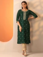 Green Embroidered Silk Blend Straight Kurta