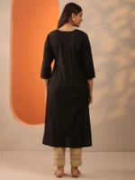 Black Embroidered Silk Blend Straight Kurta - Image 3
