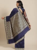 Navy Blue Handloom Saree with Unstitched Blouse - Image 2