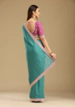 Sea Green Zariwork (Gold) Soft Raw Silk Saree - Image 2
