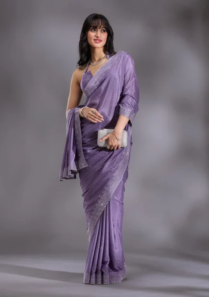 Violet Silver Stonework Satin Saree