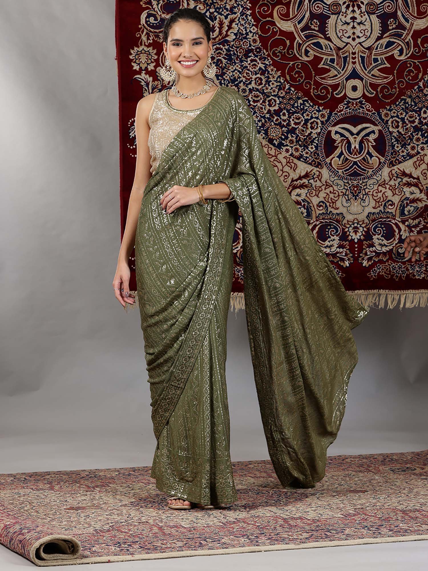 a66df2824AUD10647400187_2.jpg Gold and Green Sequin Embellished Crop Top and Pre-Stitched Saree (Set of 2) - Image 1